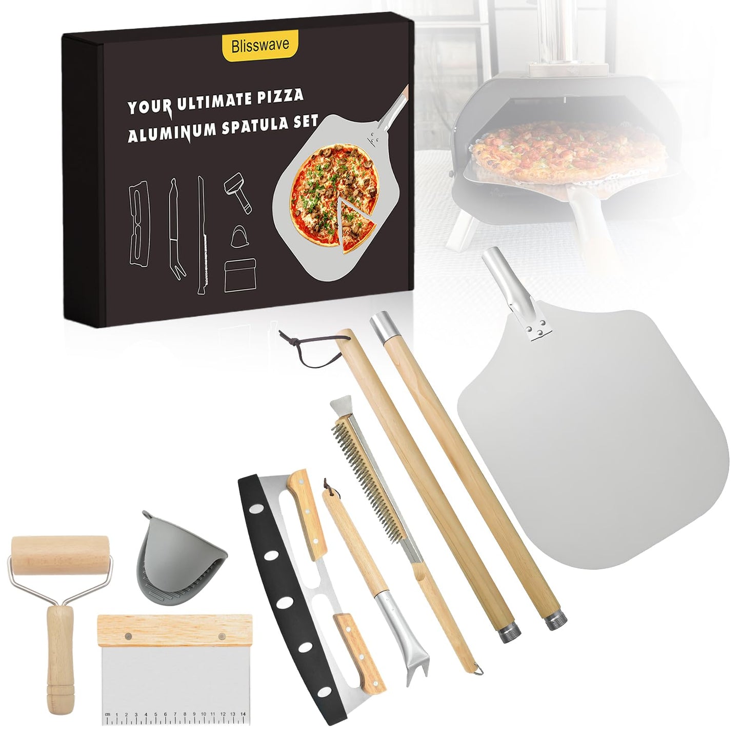 The 7-piece pizza oven accessory set is perfect for making pizza. Comprises a pizza shovel, an oven brush, a bubble Popper deformer, a rocking knife, a silica gel clamp, a dough roller and a scraper.