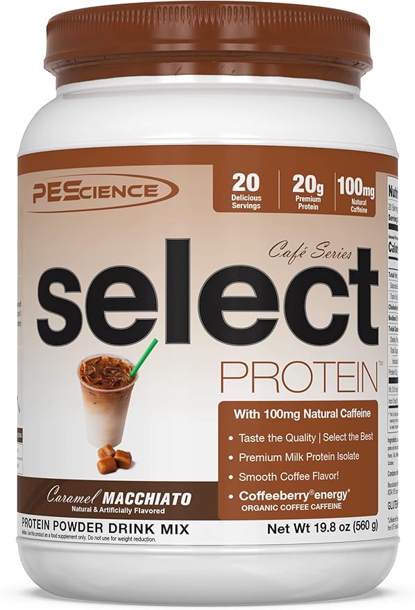 PEScience Select Cafe Coffee Protein Powder, Caramel Macchiato, 20 Servings, Whey and Casein Blend, Natural Caffeine, Clean Isolate Protein for Women and Men, Iced or Hot