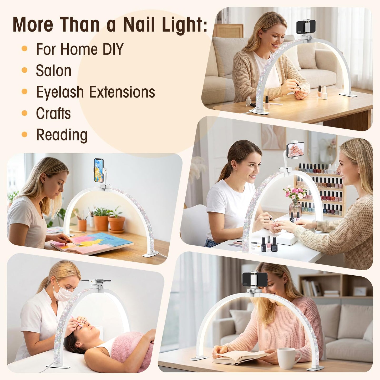 LIONVISON Half Moon Light for Desk: 29" Foldable Nail Light for Desk with Phone Holder - 3000K-6500K 3 Color Modes 10 Brightness for Salon Nail Technicians & Home DIY Manicure Enthusiasts (Diamond)