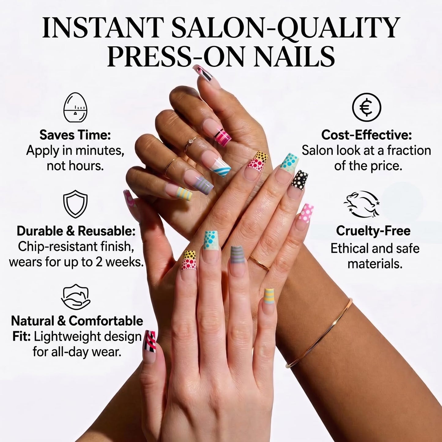 IMSOHOT Square Press on Nails, Long Fake Nails, Colorful Dopamine Polka Dot Stripe, 24 Pcs Reusable Glue on Nails for Women, Salon Quality