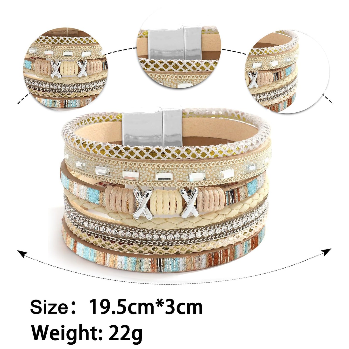 Leopard Bracelet for Women, Boho Leather Wrap Multi-Layer Pearl Crystal Bracelet Bangle Jewelry (Boho(Khaki))