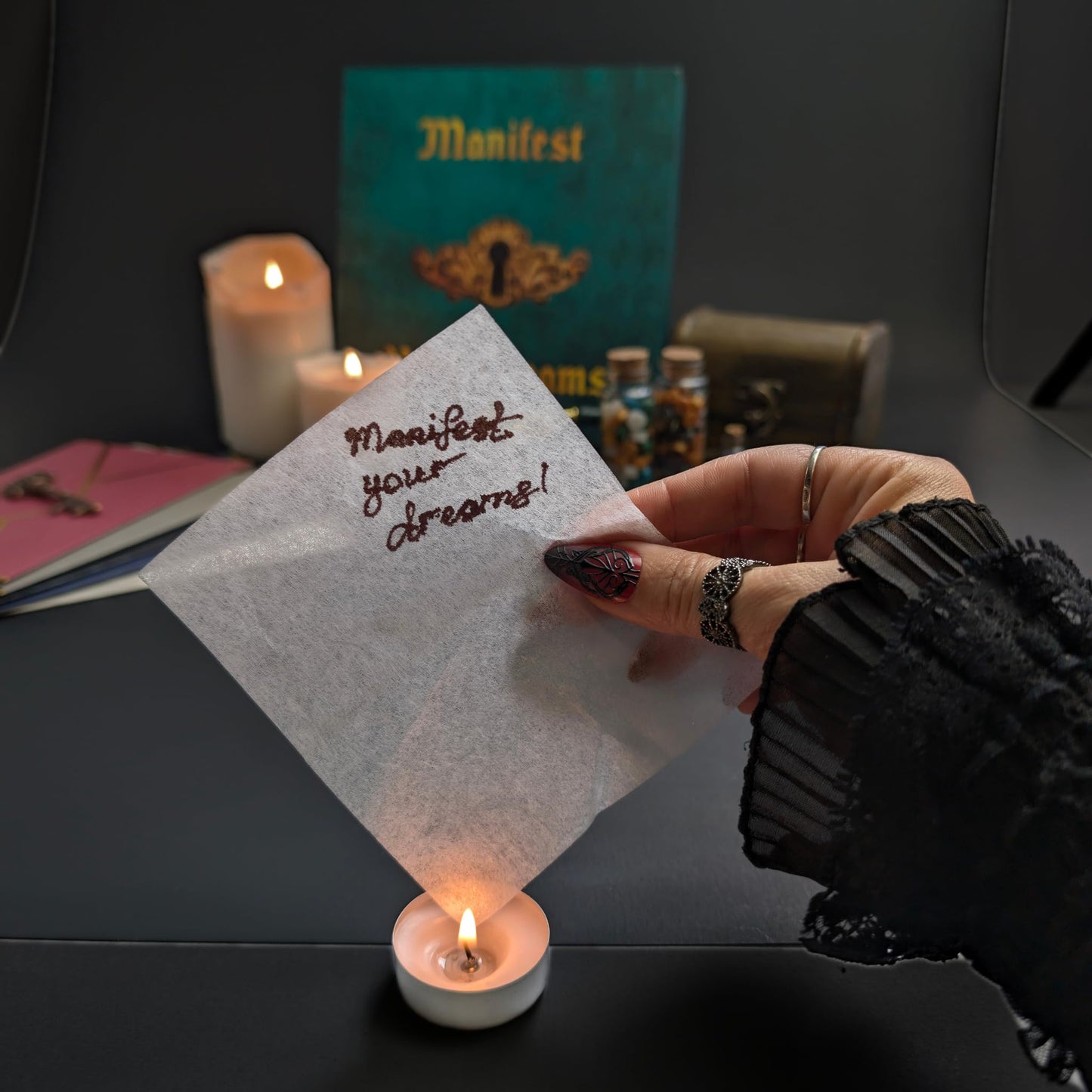 Manifestation Kit with Fire Paper & Wax Seal Stamps – Sigil Ritual Tools for Writing, Sealing & Releasing Intentions – Spiritual Self Care Gift for Manifestation – Witchy Cauldron Manifest Dreams Seal