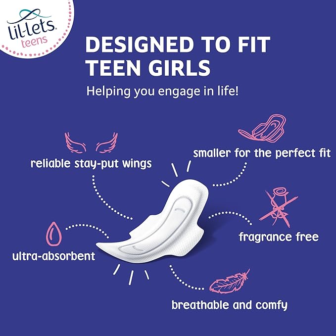 Lil-Lets Teens Night Pads with Wings - 50 Count Period Pads - Thin, Super Absorbent Sanitary Napkins, Soft & Breathable, Fragrance Free - First Periods, Heavy Flow Nights