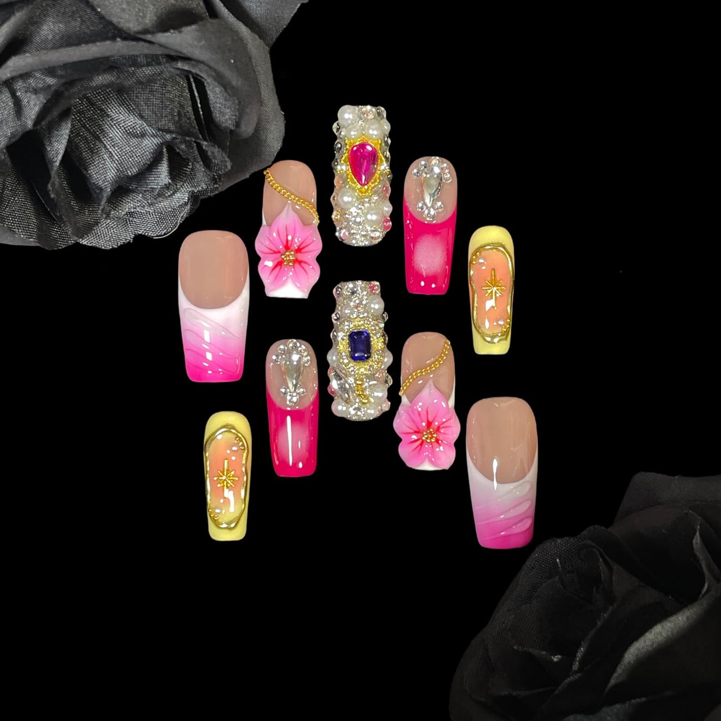 Handmade Press on Nails - 3D Pink Floral Design with Full Diamond & Gold Chains, Medium Long Square Shape Acrylic False Nails, Reusable Luxury Glam Nail Art (Satin Rose, L)