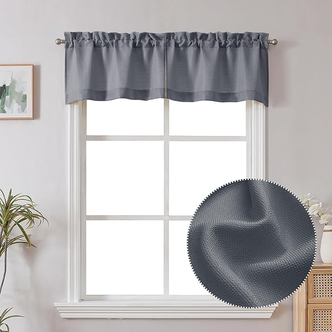 Chyhomenyc Dark Grey Valance for Windows, Faux Linen Slub Textured Semi Sheer Small Cafe Valance for Kitchen Bathroom Laundry Basement, 30Wx14L inch, 2 Piece