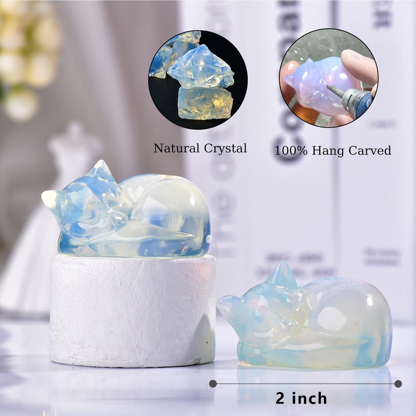 Ytbeoxk 2.1 Inch Opal Cat Crystal Statue, Healing Crystal Sleeping Cat Gemstones Decorations, Lucky Cute Kitten Figurines, White Cat Gift Home Office Desk Decor for Women and Men