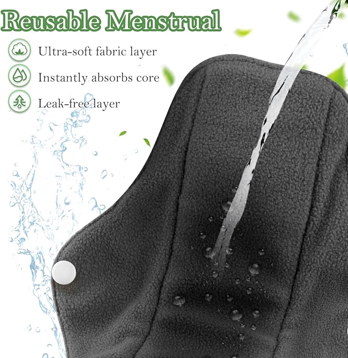 PHOGARY Reusable Menstrual Pad, 7 Packs Washable Overnight Cloth Panty Liners with 1 Wet Bag, Sanitary Pads Wings for Heavy Flow