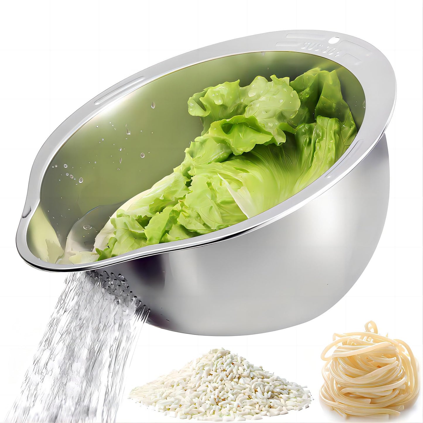 YENXIKU 4-in-1 Rice Washing Bowl - Rice Washer Strainer Bowl - Stainless Steel Colander for Quinoa, Fruit and Vegetable Wash - Multi-Purpose Rice Strainer and Colander for Kitchen (1 Pack)