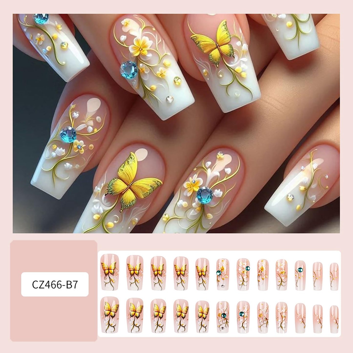 LOPMNGHT Flower Press on Nails Medium Ballet Shaped Glitter Rhinestones Buttefly Pattern Design Gradient Artificial False Nails Full Cover Reusable Glue on Nail for Women Blossom Manicure 24Pcs