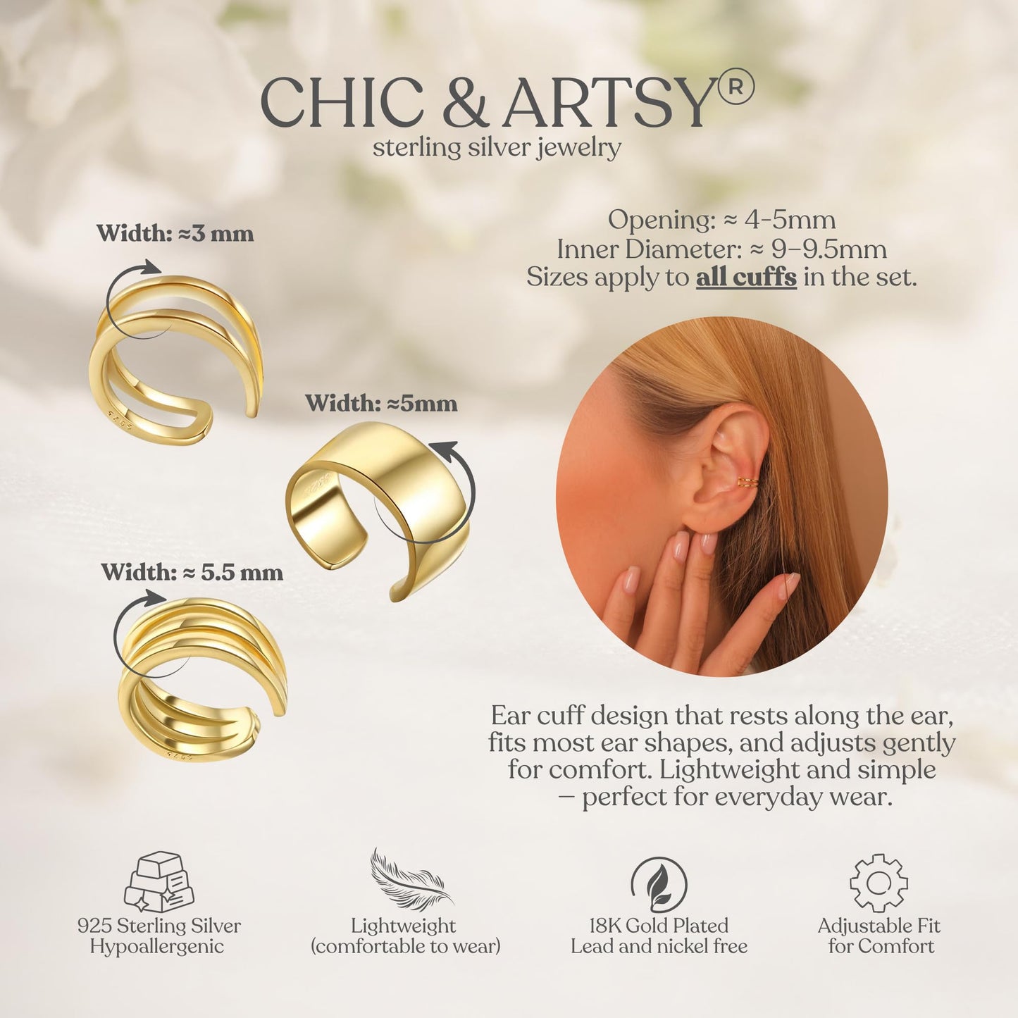 Ear Cuffs 18K Gold Plated 925 Sterling Silver Ear Cuff Earrings for Women Clip on Earrings Non Piercing Earrings Small Cartilage Cuffs Conch Earrings Set