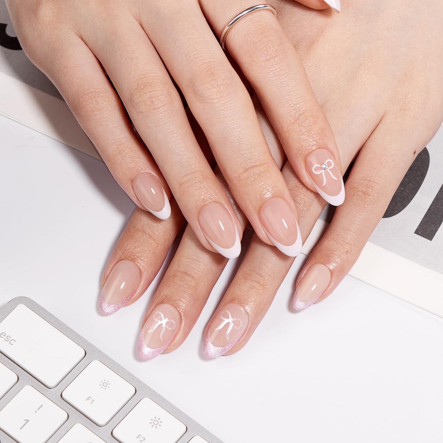 VSALON Short Almond Press-On Nails - 32 PCS French Tip Main Nails in 16 Sizes & 10 PCS Pink Alternative Nails - Reusable Fake Nail Kit with UV Glue, Easy Tabs, Nail Glue Remover & Nail Lamp