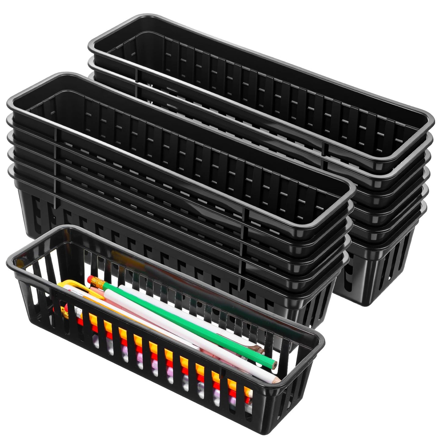 12 Pack Black Slim Plastic Storage Baskets for Organizing, 10.24 x 3.15 x 2.36 Inch Stackable Small Narrow Pencil Baskets, Drawer Storage Tray Holder for Home School Classroom Office Desk Cabinet