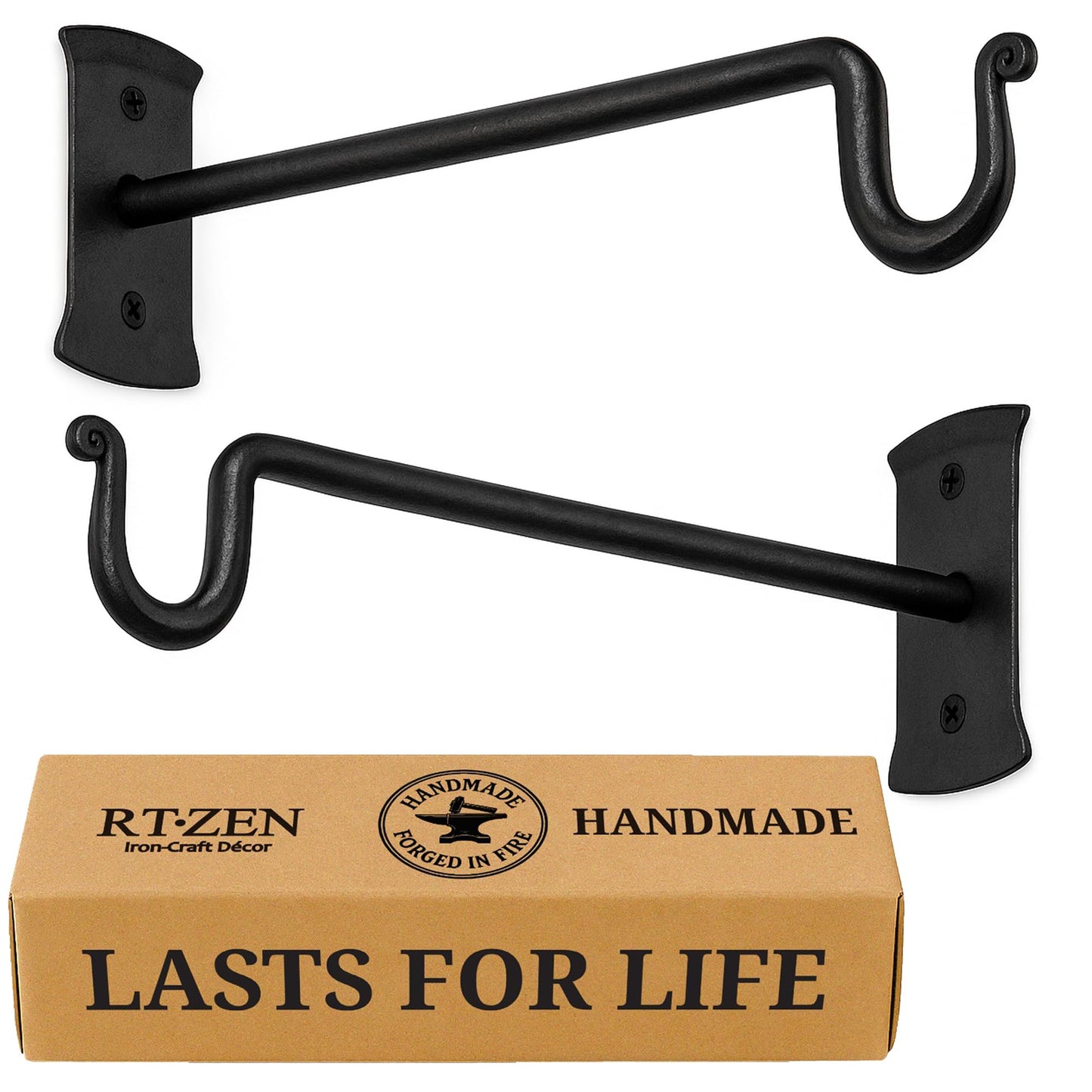 RTZEN Plant Hangers Outdoor or Indoor - Wrought Iron Metal Hanger Indoor Hook - Heavy Duty Wall Bracket Hooks for Hanging Plants Baskets Lanterns Wind Chimes - 2 Pack (Black Shepherds Hooks 10")