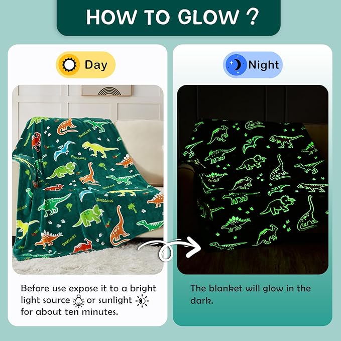 SOCHOW Glow in The Dark Dinosaur Blanket for Sons Daughters, Toys for 3-10 Year Old Preteen Teen Birthday Presents, Soft Cozy Flannel Throw Blanket for All Seasons, Green 50 x 60 Inches