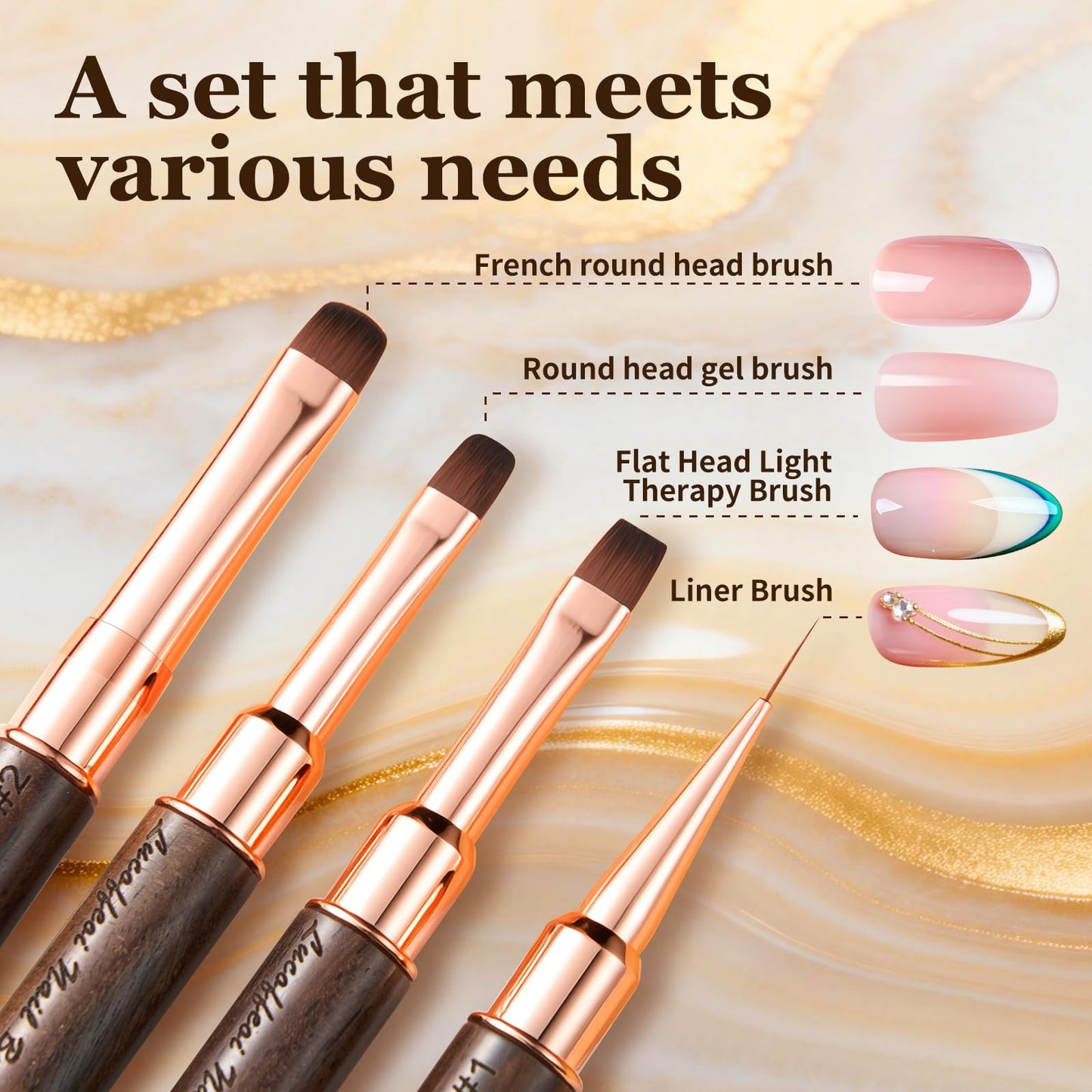Nail Brushes Set for Builder Gel & Polygel, 2-Pack Double-Ended with Wooden Handles & Pouch (Round + Square, French tip + Liner)