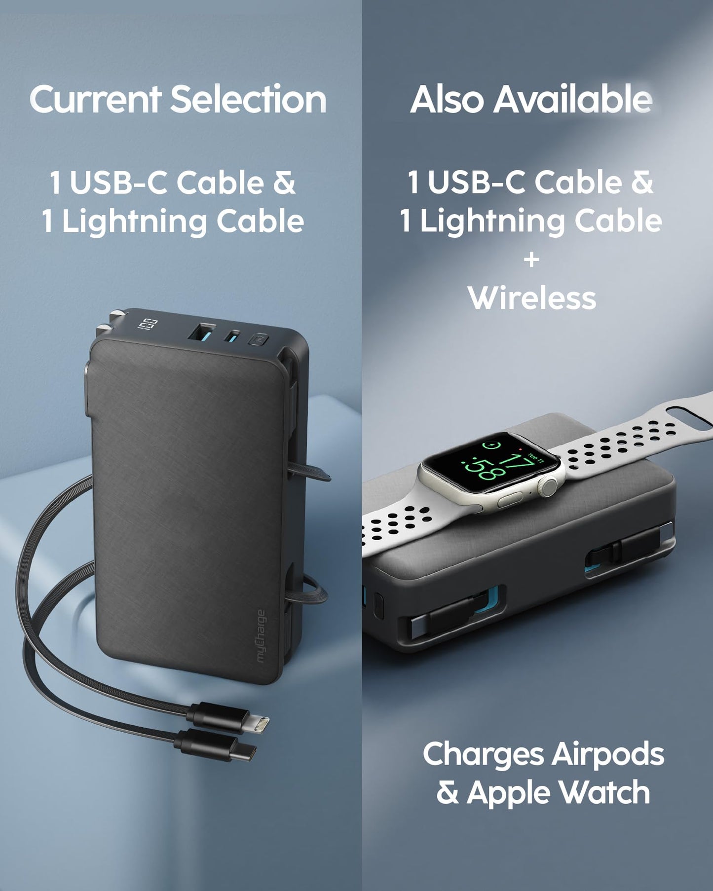 myCharge RetractaCharger+ 10000mAh Portable Power Bank - 28" Retractable 1 USB-C & 1 Lightning Cables | Built-in Wall Plug | Digital Display | USB-C/A Ports | Up to 60 Hours of Power | Black