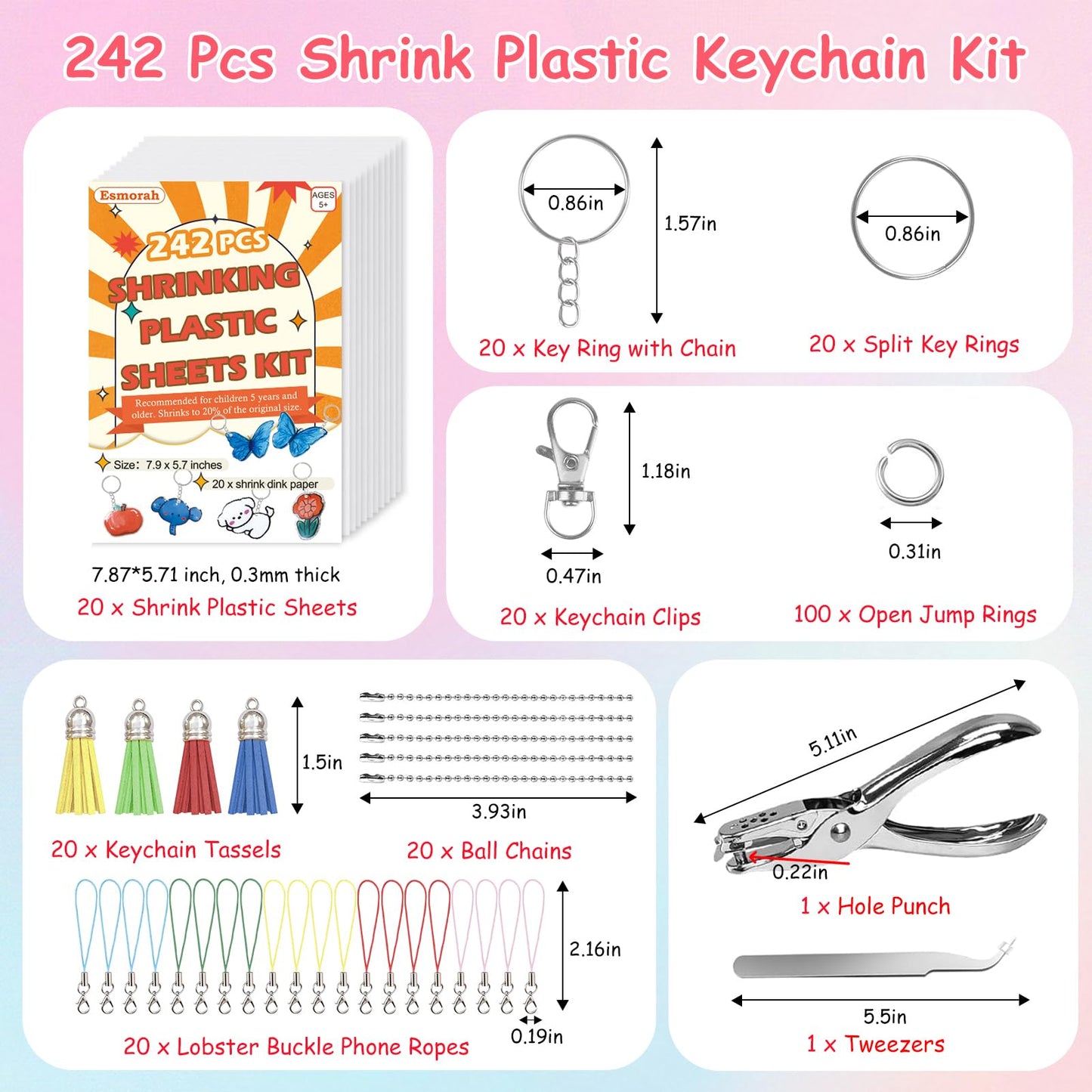 Esmorah 242PCS Shrink Dink Keychain Kit - Shrink Plastic Sheets with 20pcs Shrink Paper Sheets+Tools, DIY Heat Shrink Art Kit for Keychains, Rings, Charms & Crafts for Kids & Adults Creative Projects