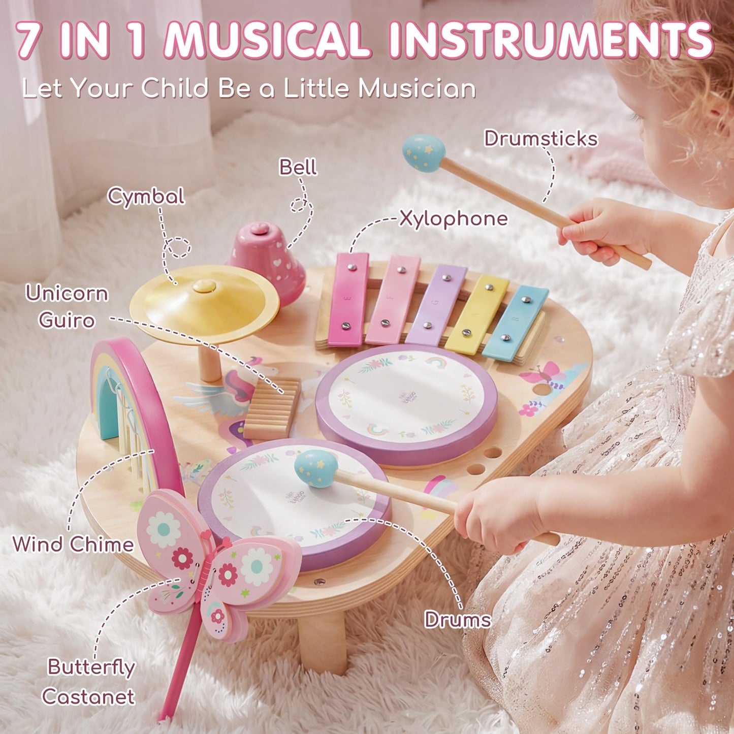 Lehoo Castle Toddler Drum Set, Unicorn Montessori Music Toys with Xylophone, 7 in 1 Wooden Musical Instruments for Toddlers 1-3, Baby Drum Set Educational Birthday Gift for 12-18 Months Girl