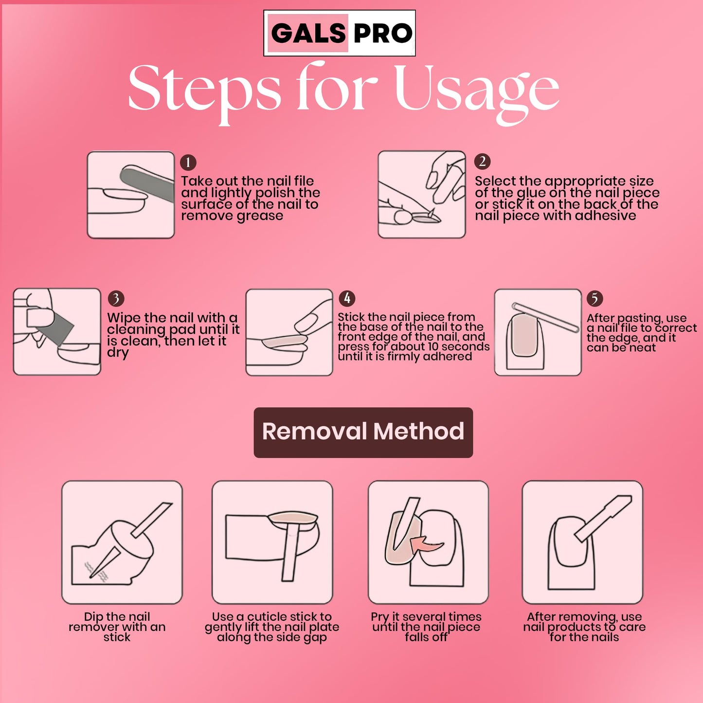 GALSPRO Medium Press on Nails - Set of 24 Fake Nails with Designs in 12 Different Sizes for Perfect Fit, Cute False Nails Kit for Women with 0.07oz Nail Glue, A Double Sided Nail File & Cuticle Stick