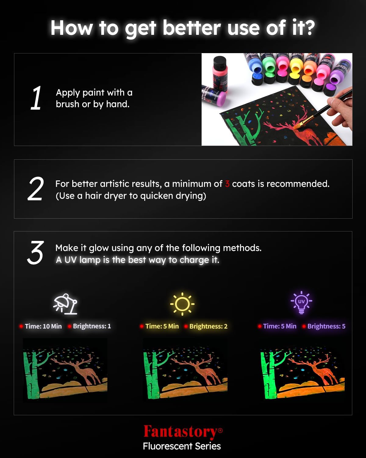 Fantastory Fluorescent Glow in the Dark Paint,60ml /2oz,Neon Colors Glow Acrylic Paints; Waterproof Blacklight Paint for Outdoor Rock,Wood,DIY Craft,Canva,Pumpkin,Halloween,Holiday Decor