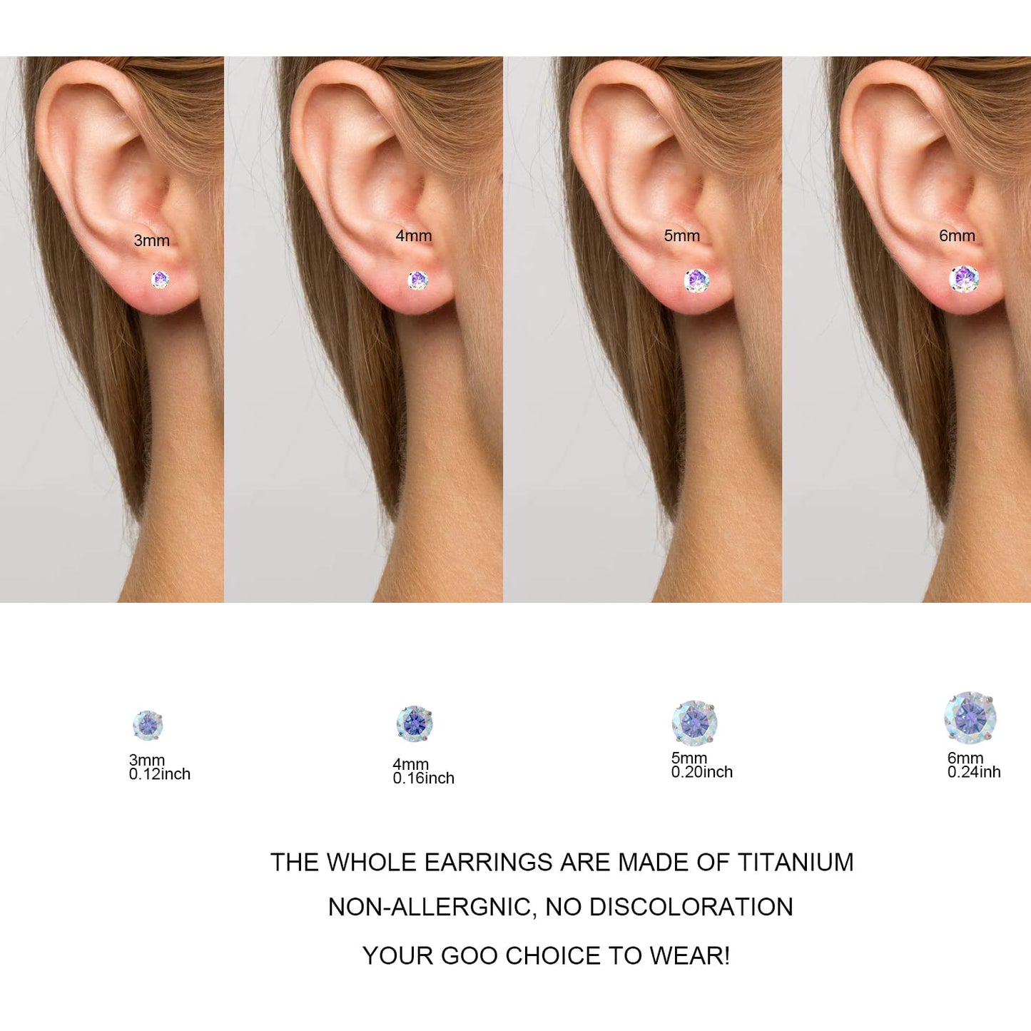 1 Pair Implant Grade Titanium Stud Earrings Set Hypoallergenic 3mm 4mm 5mm 6mm Cubic Zirconia G23 Titanium Earring Studs for Women Men for Sensitive Ear (3mm Aurora)