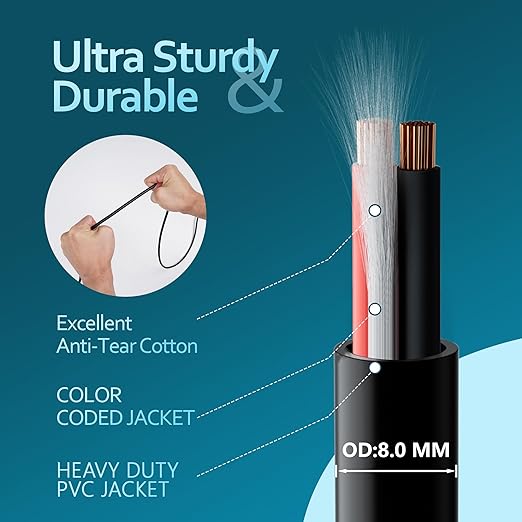 HiFind 12/2 Gauge Speaker Wire Cable 200 Ft-Tinned OFC Copper-UL CL3 Rated- Indoor/Outdoor-Pro Series 12 AWG-UV PVC Jacket&Cotton, Hi-Fi Sound for Car Audio,Home Theater Speakers,Stereos-Black