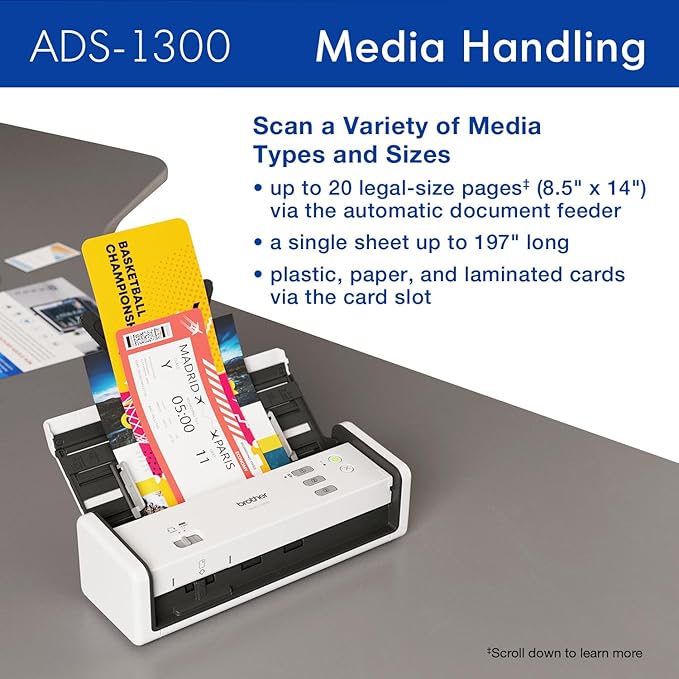 Brother ADS-1300 Compact Desktop Scanner | Scan Speeds of Up to 30ppm | Single Pass Double-Sided Scanning
