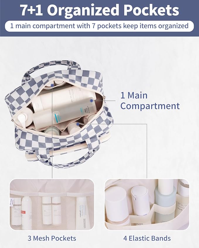 Narwey Large Travel Toiletry Bag for Traveling Women, Cosmetic Makeup Bag Make Up Organizer, Checkered Travel Bag for Toiletries with Handle (Grayish Blue Checkerboard)