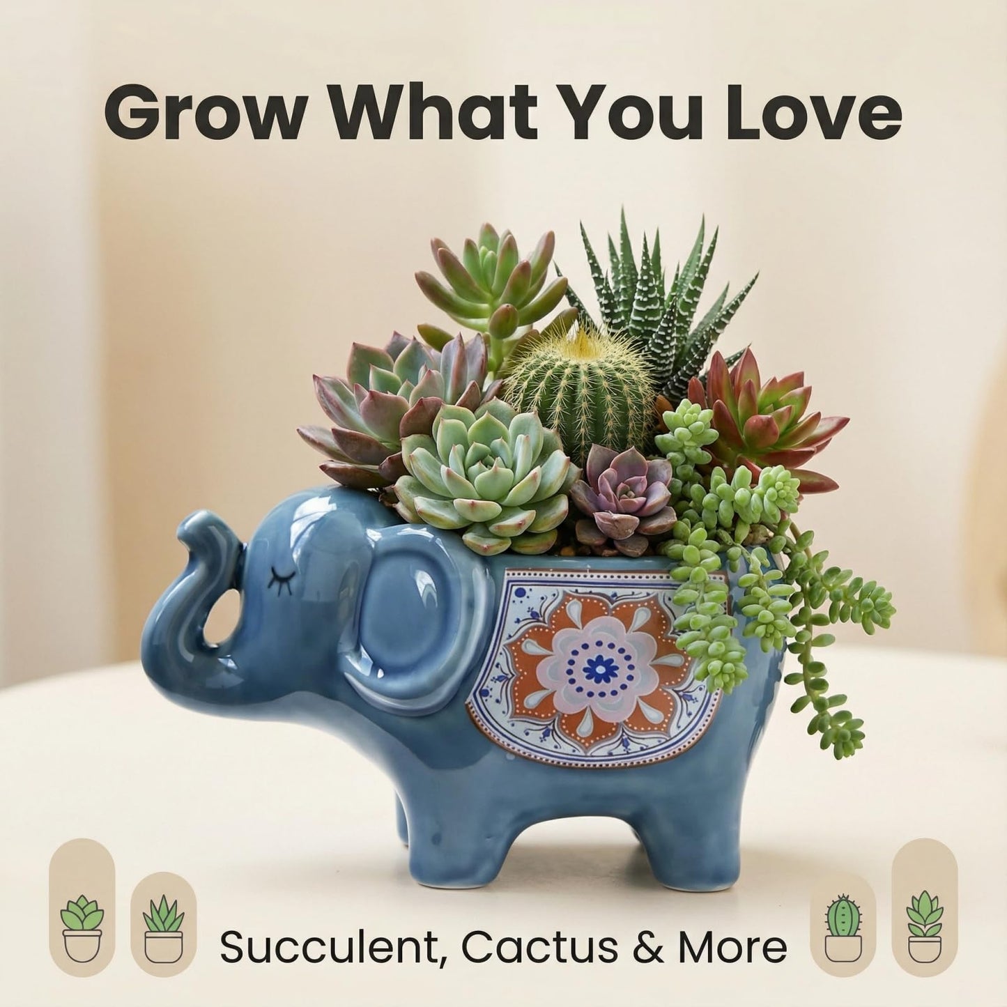 SUSOYAOCHEN Ceramic Succulent Planter, Animal Cactus Small Flower Pots with Drainage Cute Elephant Bonsai Pot for Desktop Windowsill Indoor Outdoor Decor (Dark Blue)