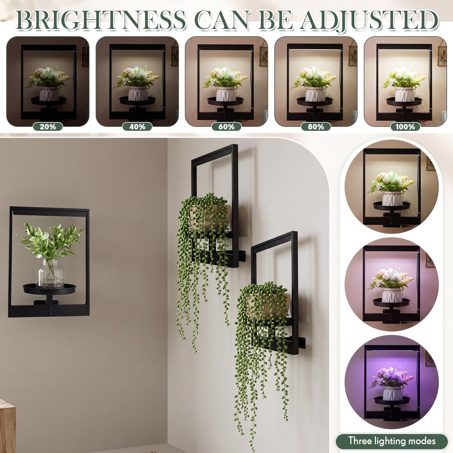 Yiyiring 3 Pack Wall Plant Holders with Remote Grow Lights, Indoor Plants Holders, Plants Shelves Hanging Planters, Wall Mounted Framed Plant Holder for Indoor Living Room Decor
