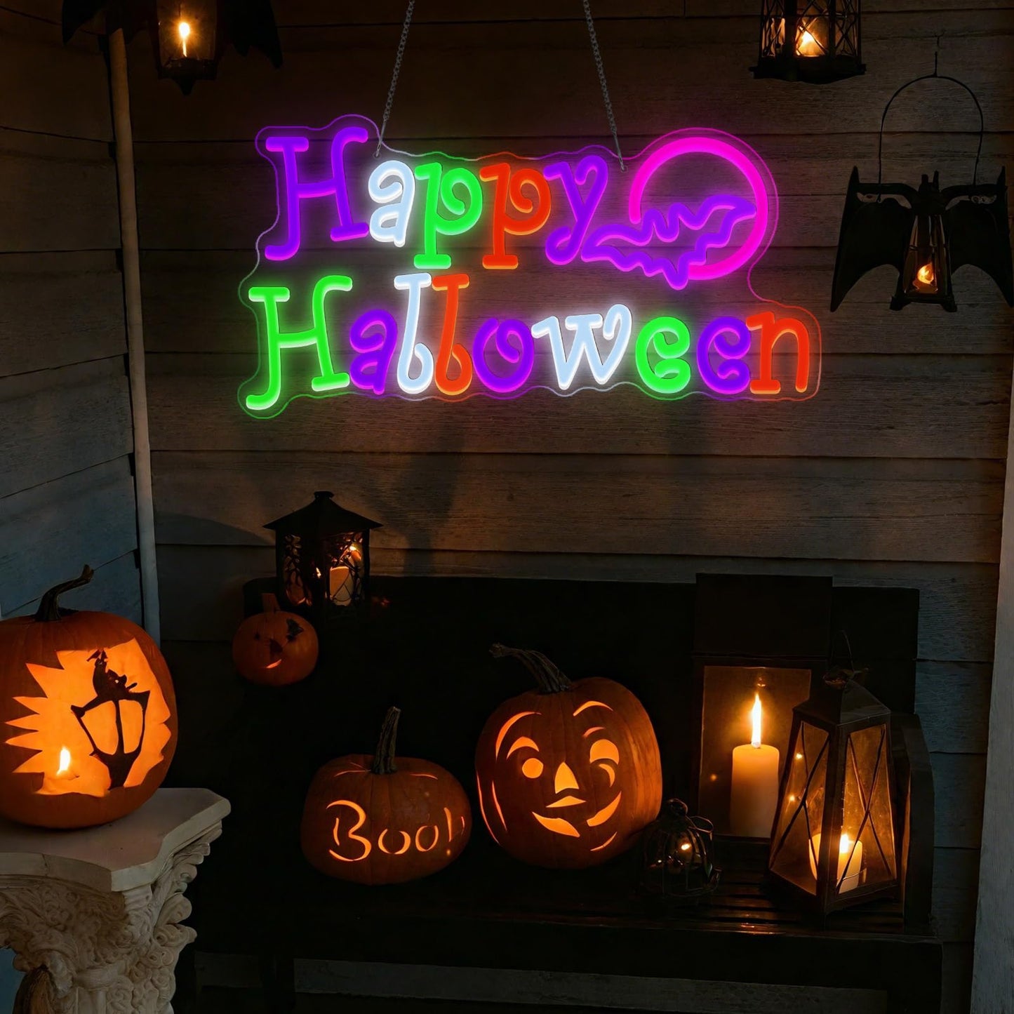 Mudder Happy Halloween Neon Sign for Wall Decor Neon Wall Lighted Sign Outdoor for Present Bedroom Home Bar Halloween Party Decor Bat Shape Cave Bedroom Party Backdrop