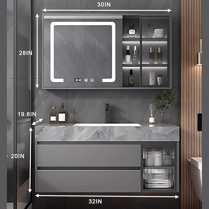 Gray 32IN Modern Bathroom Vanity - Wall-Mounted Bathroom Storage Cabinet & Bathroom Vanity with Sink, Bathroom Medicine Cabinet Wall Mounted, Defogging & Led Lighting | Bathroom Cabinet Slim
