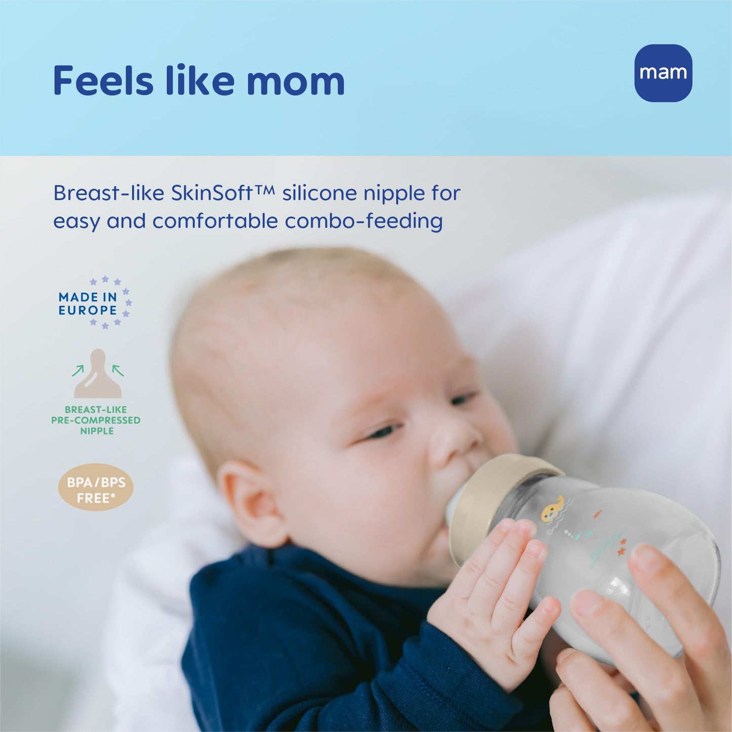 MAM 9oz Premium Glass Wide Neck Baby Bottle with Medium Flow Breastfeeding-Like Silicone Nipple, Easy to Clean, BPA Free, 2+ Months, Easy Switch Between Breast and Bottle, Made in Europe, 3 Pack