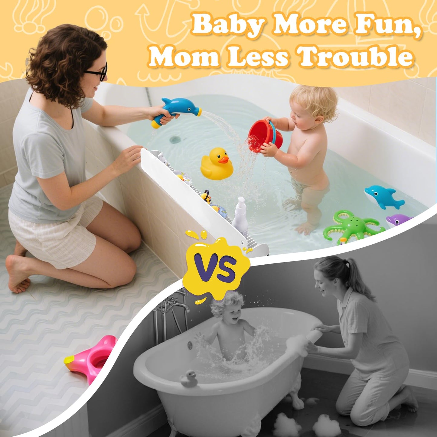 AGPTEK 24 Inch Bathtub Splash Guard with 10 Suction Cups, Silicone Tub Water Splash Guard for Bathtub, Bath Toy Tray Holder Play Shelf for Kids, Universal for Bathroom, Kitchen Sink (White)