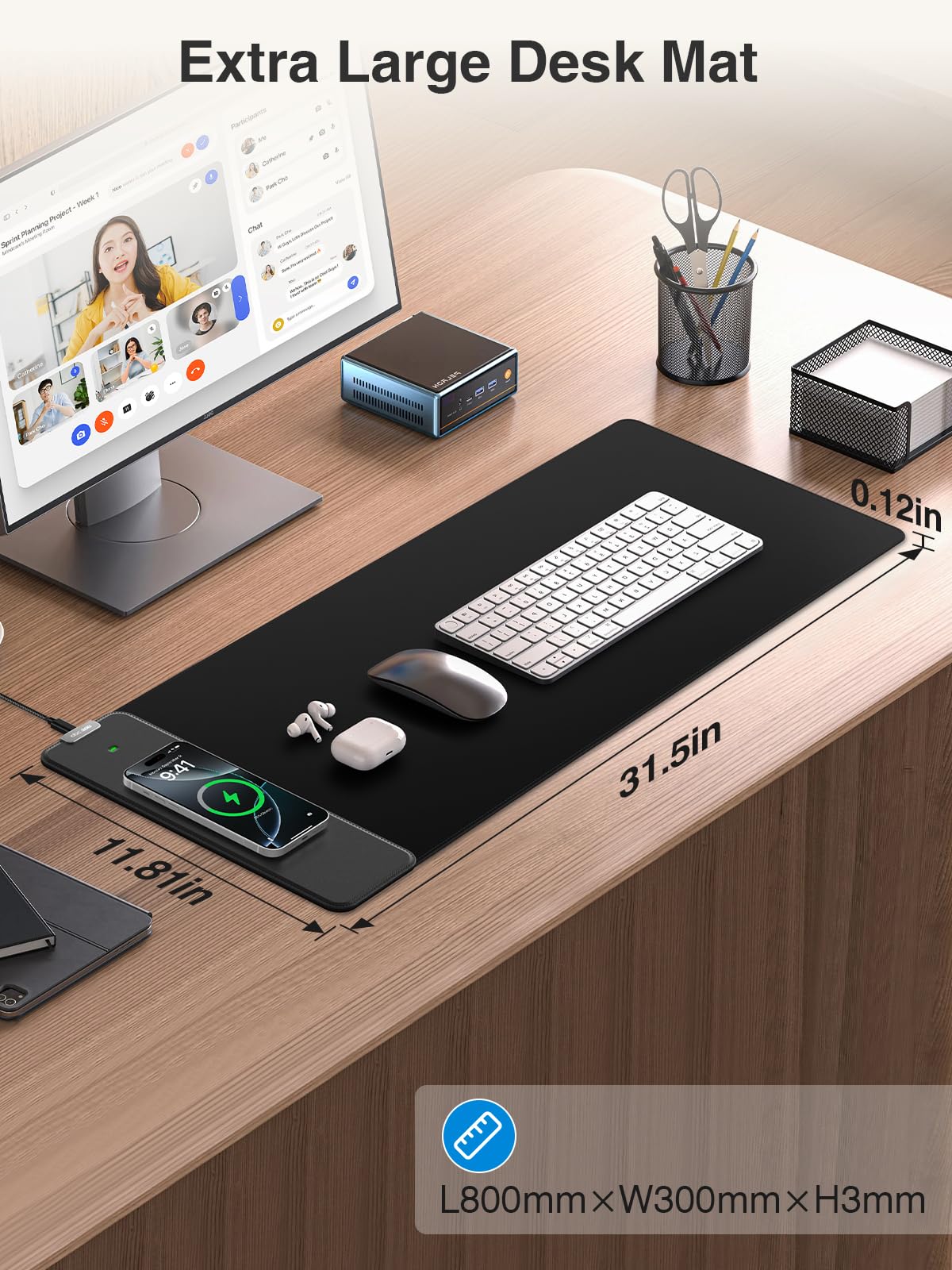 2-in-1 Mouse Pad with Magnetic Wireless Charging, 31.5"x11.8" Large, Waterproof Smooth Surface, Non-Slip Base, No Adapter, Black