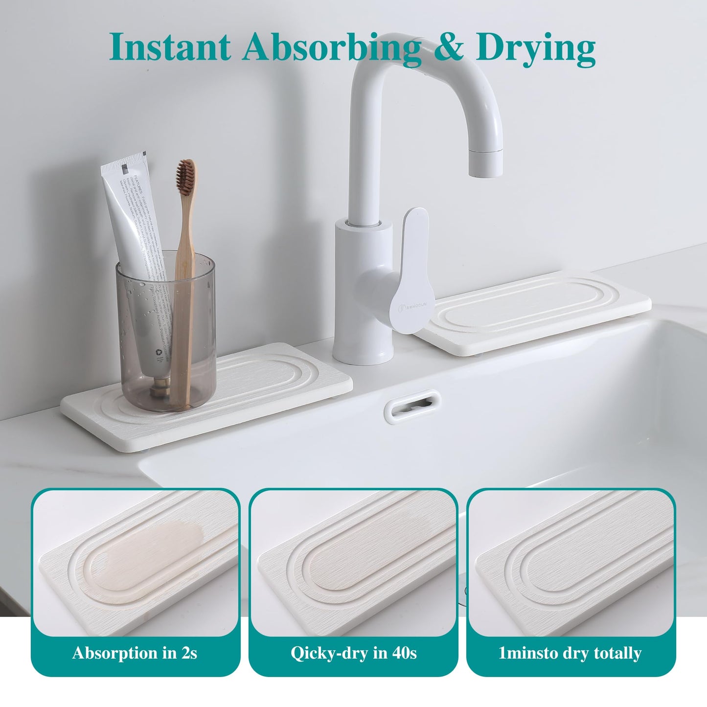 2PCS Water Absorbing Stone Tray for Sink, Quick Drying Diatomite Bathroom Tray Countertop, Stone Drying Mat for Kitchen Counter Faucet, Soap Dish Dispenser Vanity Organizer, White-7.9" x 4"
