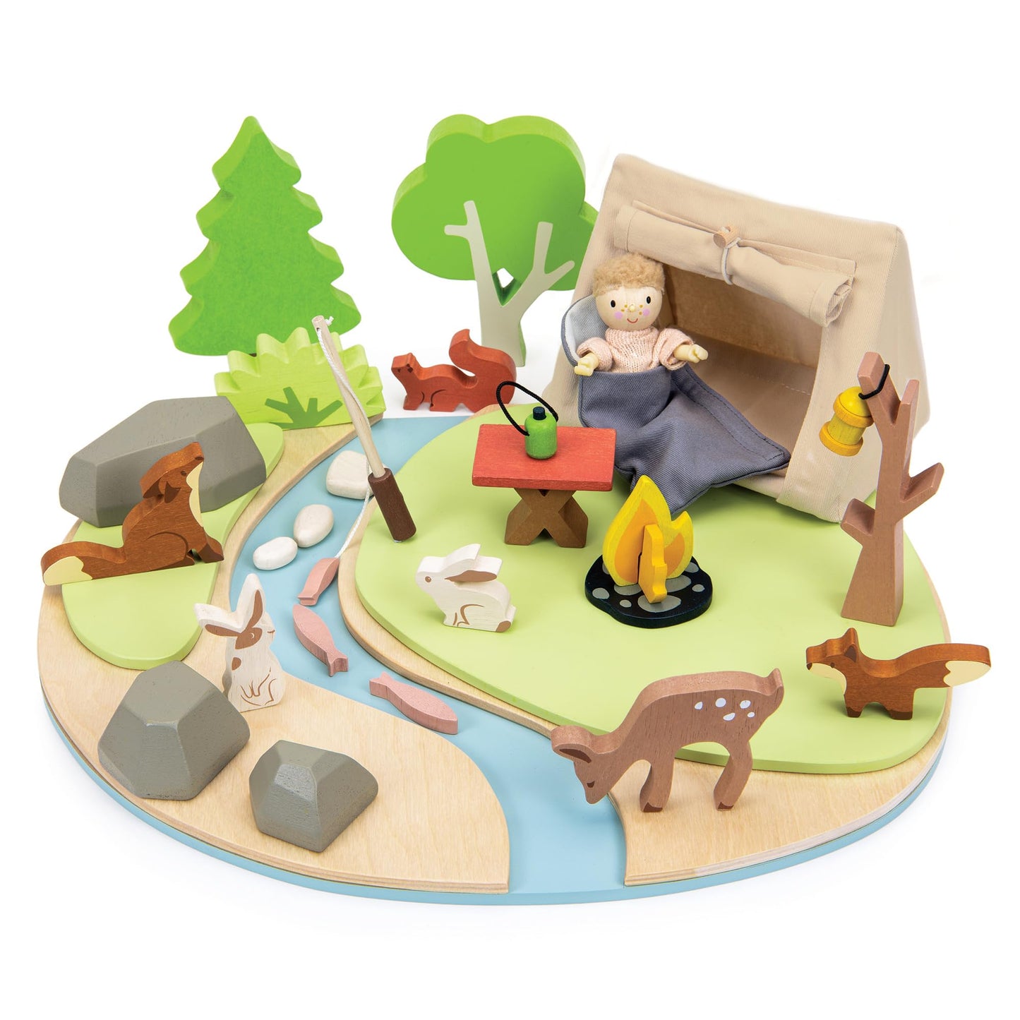 Tender Leaf Toys - Wildlife Camping Playset - Wooden Doll Sized Camping Set with Tent, Campfire, Fishing Rod & Accessories - Imaginative Play Set - Develop Storytelling & Fine Motor Skills - Age 3+