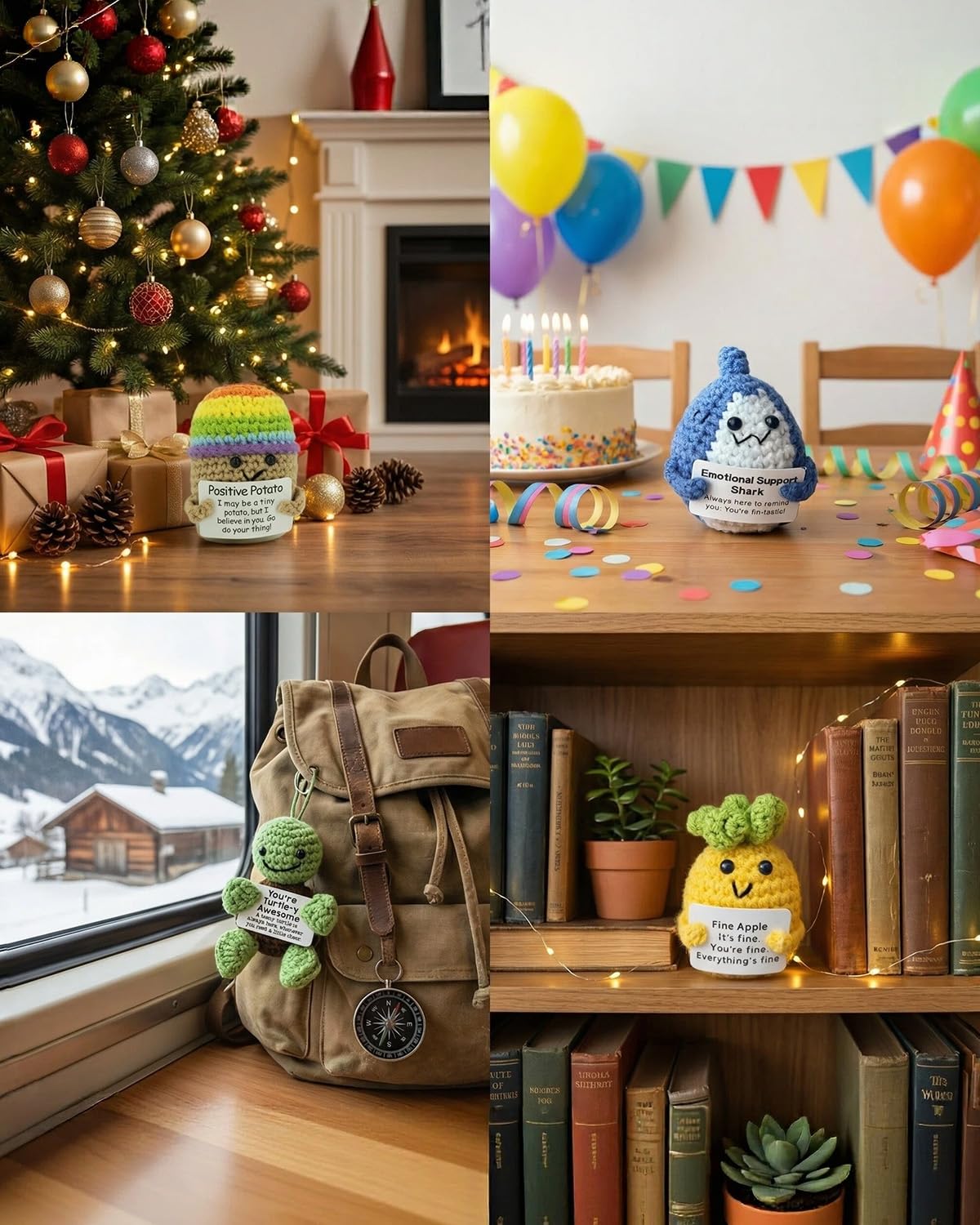 OAOAPLOS Positive Crochet Animals 4 Pcs Set: Handmade Emotional Support Crochet, Whimsical Crochet with Adorable Positive Potato - Meaningful Gift or Home Decor & Gift for her