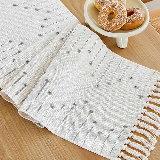 Wracra Boho Table Runner, Natural Cotton Woven Macrame Table Runners 48 Inches Long for Modern Farmhouse Woven Home Decor, 14x48 Inch, Grey