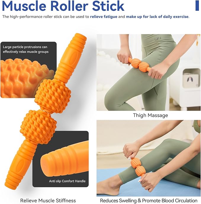 5 in 1 Foam Roller Set - Massage Roller Back Roller Foam, Muscle Roller Stick, Massage Ball, Resistance Band for Physical Therapy & Deep Tissue Muscle Massage (Orange)