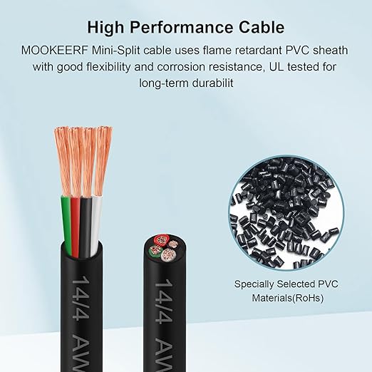 MOOKEERF 14/4 AWG Mini-Split Cable - 250FT 14 AWG 4 Conductor Control Cable 300V Stranded Oxygen-Free Pure Copper Wire for Mini Split Air Conditioner,Heat Pump,HVAC Systems and Speaker Systems