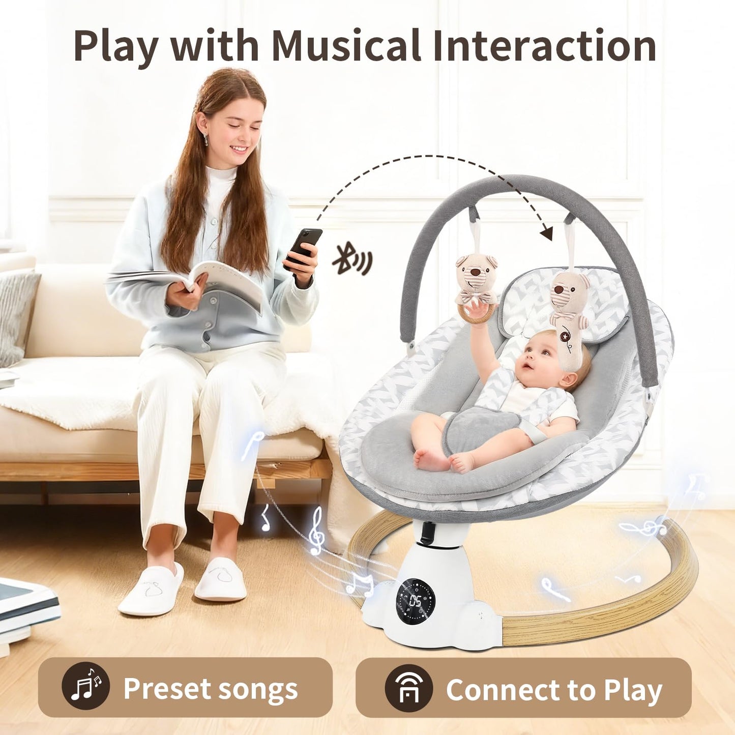Baby Swing for Infants with 5 Swing Speeds, Portable Electric Baby Swing with Bluetooth, Remote Control & Touch Panel, 5-Point Harness,Indoor & Outdoor Use