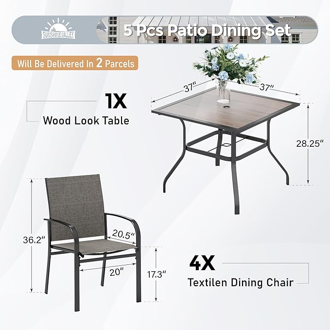 5 Piece Patio Dining Set for 4, 37”x37” Square Table (PVC Wood-Like Table Top) with 1.57" Umbrella Hole, 4 Metal Brown Chairs, Outdoor Table and Chairs Set for Lawn Backyard and Deck
