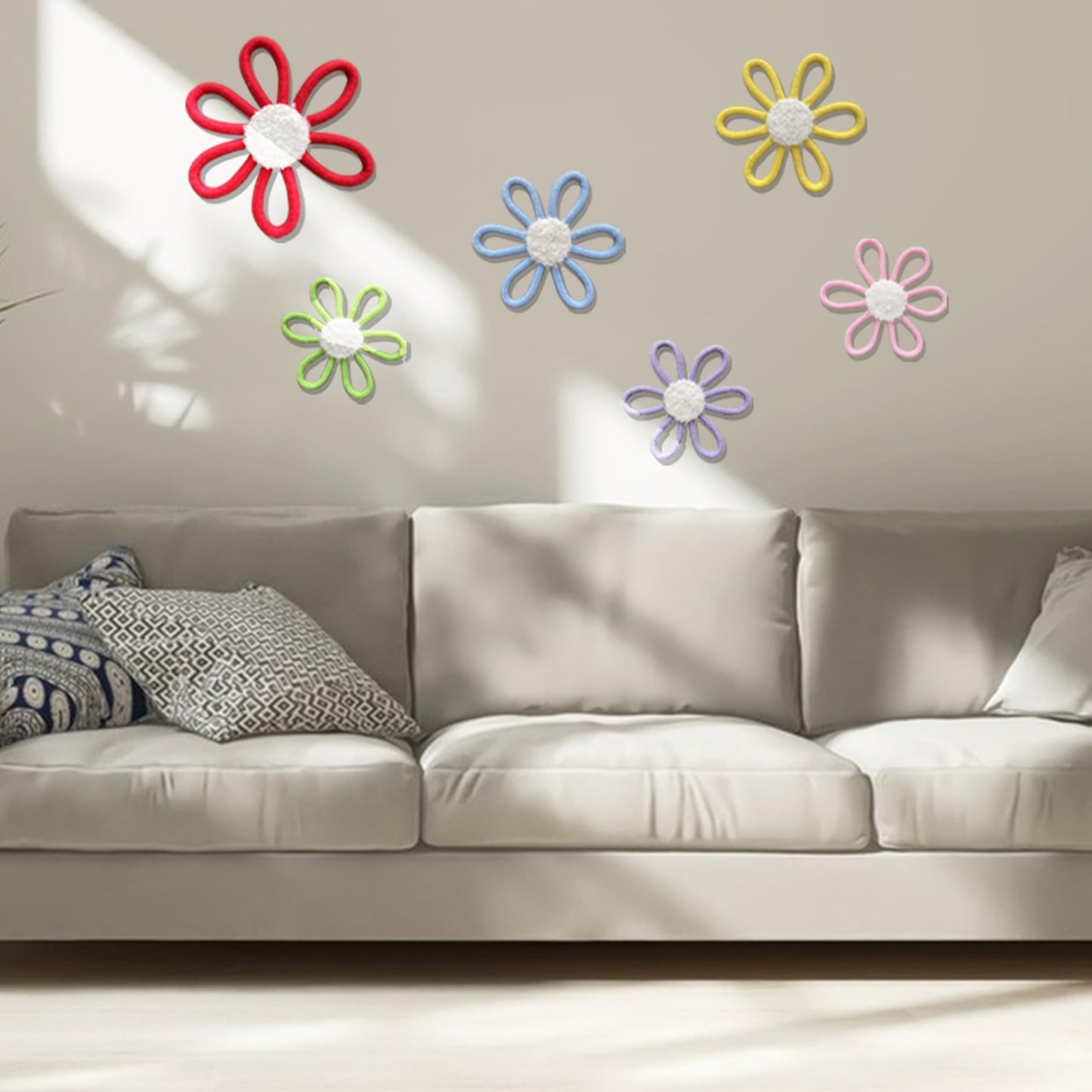 6 PCS Boho Nursery Decor Daisy Flower Woven Macrame Wall Hanging 3 Size for Home Nursery Bedroom Farmhouse Bathroom Decorations Housewarming Gifts