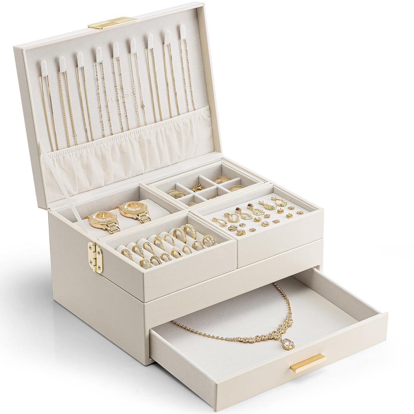 VLANDO 3 Layer Jewelry Box - Women Jewelry Box with Retractable Tray - Jewelry Organizers with Drawer for Necklaces, Rings, Bracelets, Earrings, Valentines Gift for Mom Girls - Cloud White