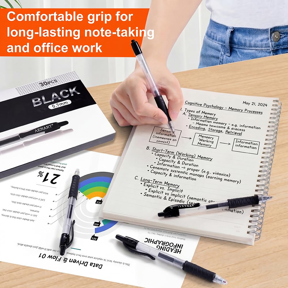 Aen Art Gel Pens Black 0.7mm Fine Point 30 Retractable Gel Ink Pens with Rubber Grip - Quick Dry Roller Pen for Writing, Office, School