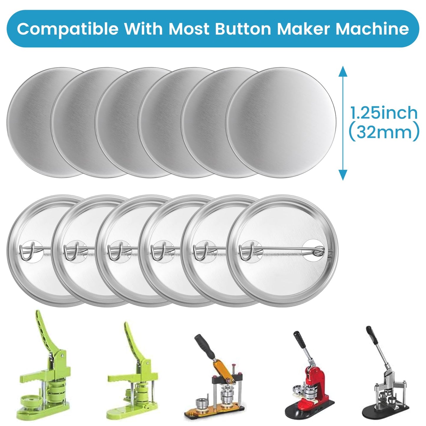 200 Sets Button Maker Supplies, 32mm/1.25 inch Button Supplies, with Metal Needle Back Cover, Metal Cover, Transparent Film and Blank Paper, Suitable for Button Making Machine and Pin Maker Press