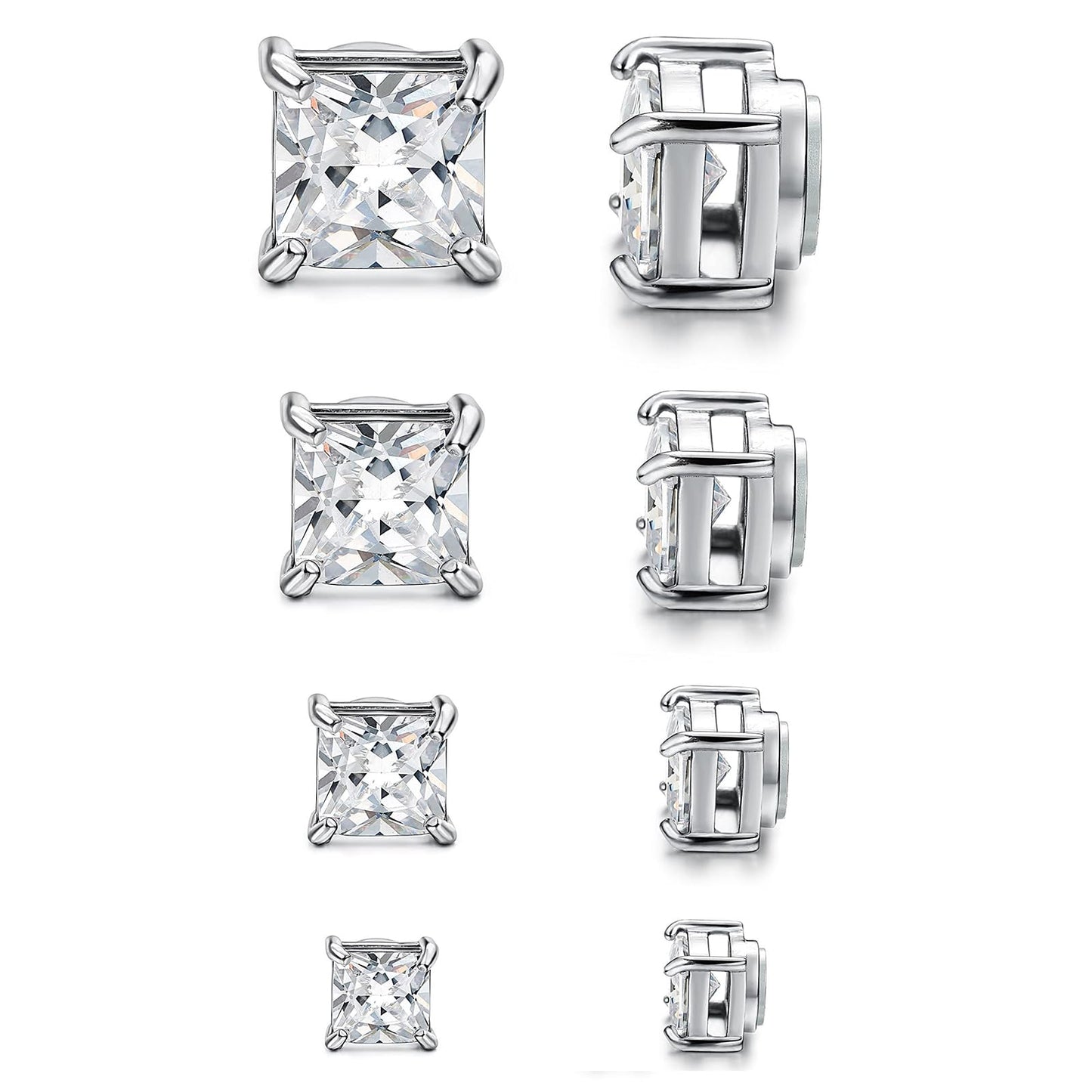 Magnetic Non-piercing Clip On Earrings: Stainless Steel 5-8mm Square CZ Inlay Round Fake Cheater Studs for Men Women, 4 Pairs Silver
