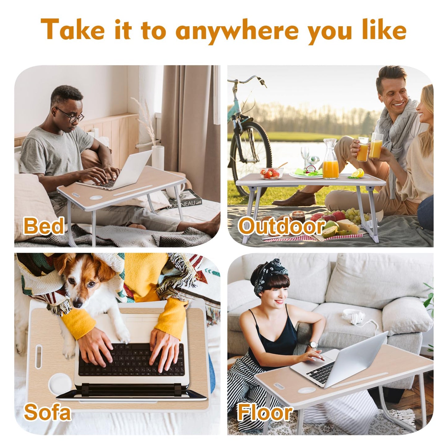 Amaredom Laptop Bed Desk Tray Bed Table, Foldable Portable Lap Desk Notebook Stand Reading Holder with Storage Drawer and Cup Holder for Eating Breakfast on Bed/Couch/Sofa-White Oak