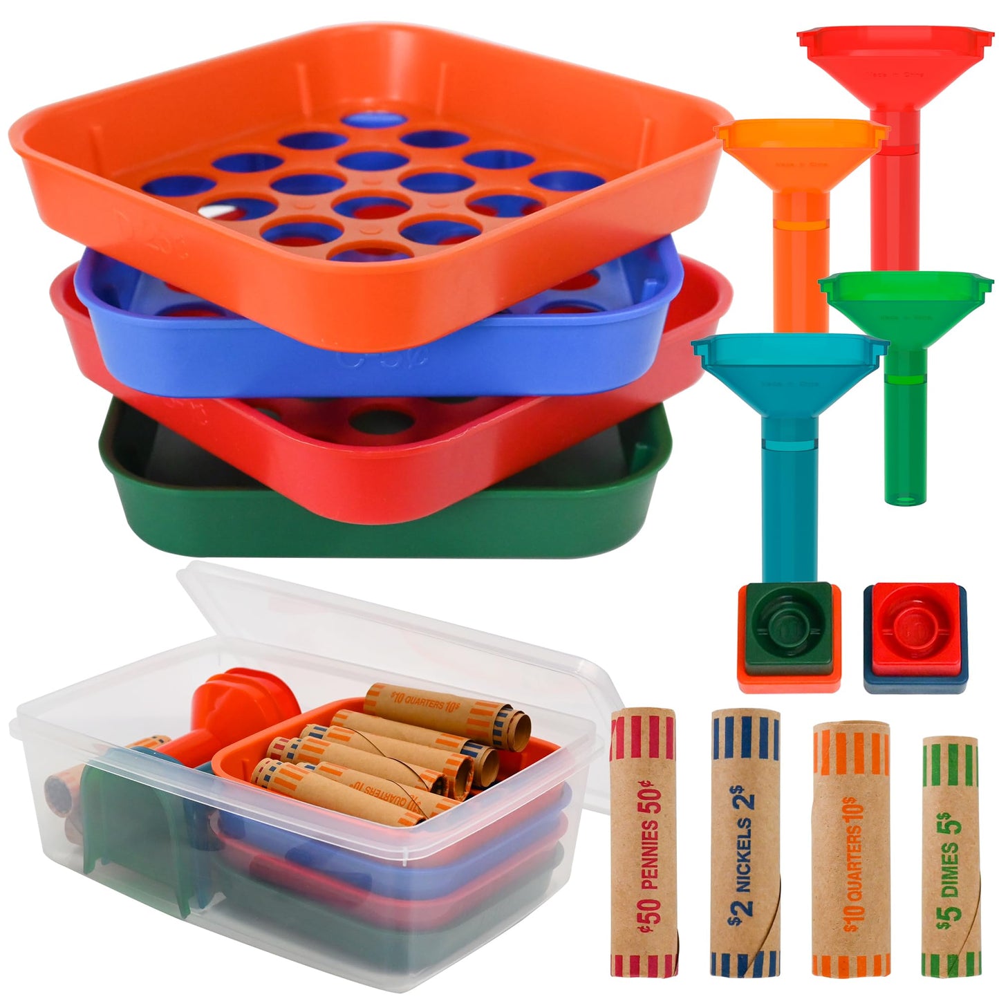 ESSENTIAL Coin Sorter Trays & Coin Counter Tubes, Coin Roller Crimping Tool with 60 Pcs Assorted Preformed Coin Wrapper Rolls